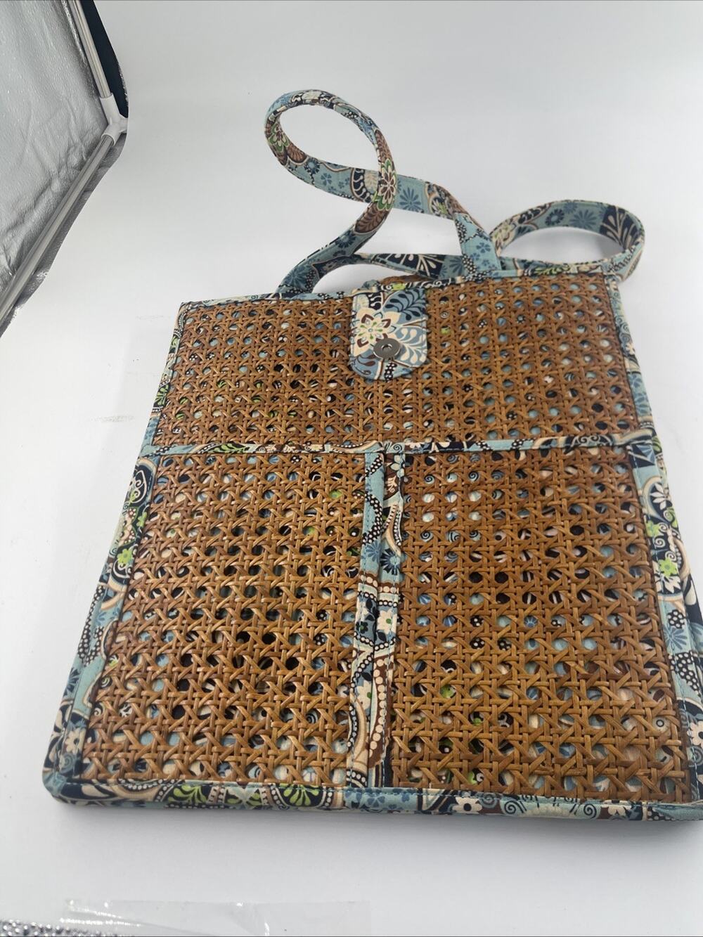 Vera Bradley Tiki Tote Bali Blue Rattan Cane Wicker Shoulder Bag Retired Pattern